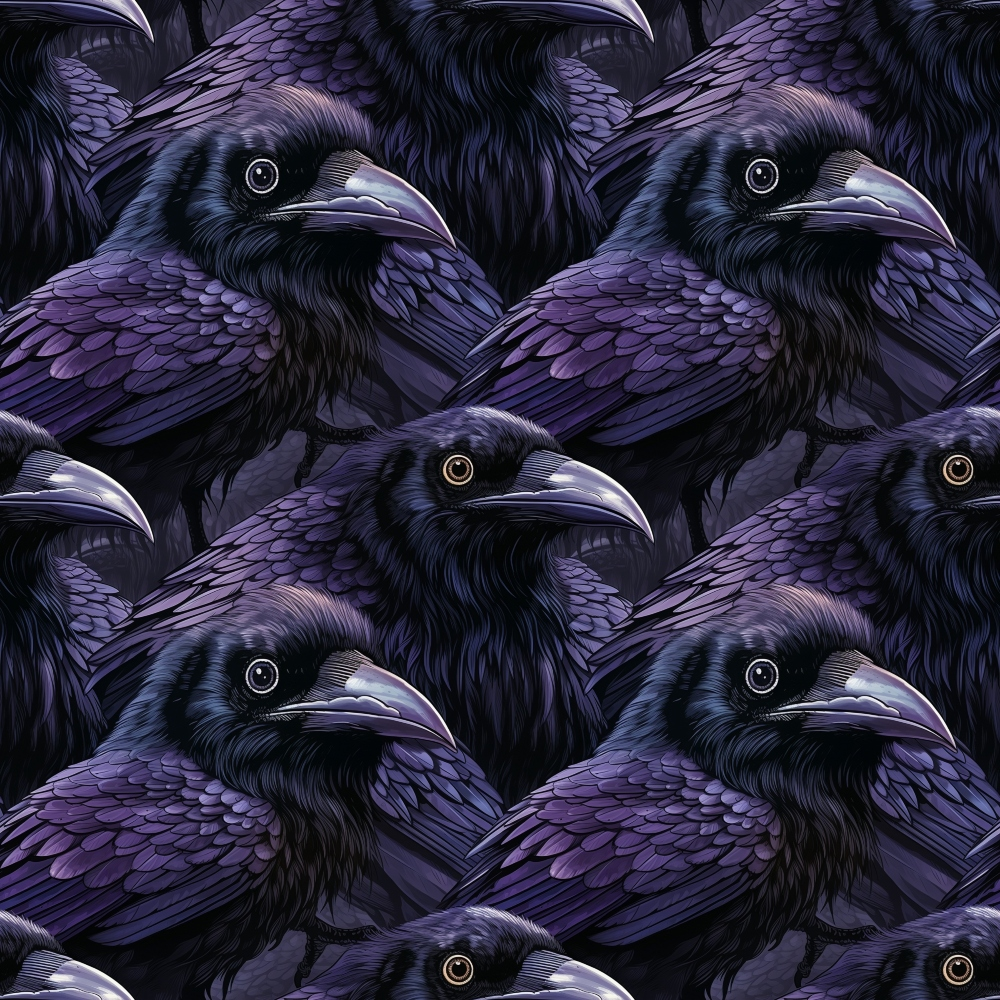 Pattern of meticulously illustrated purple ravens facing left with detailed feathers and intense eyes.
