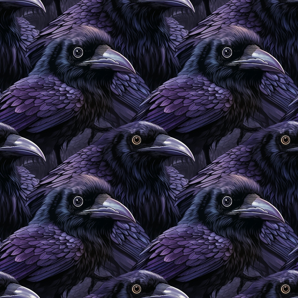 Pattern of meticulously illustrated purple ravens facing left with detailed feathers and intense eyes.