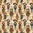 Pattern of cartoon scarecrows with pumpkins and cornstalks on a light background.