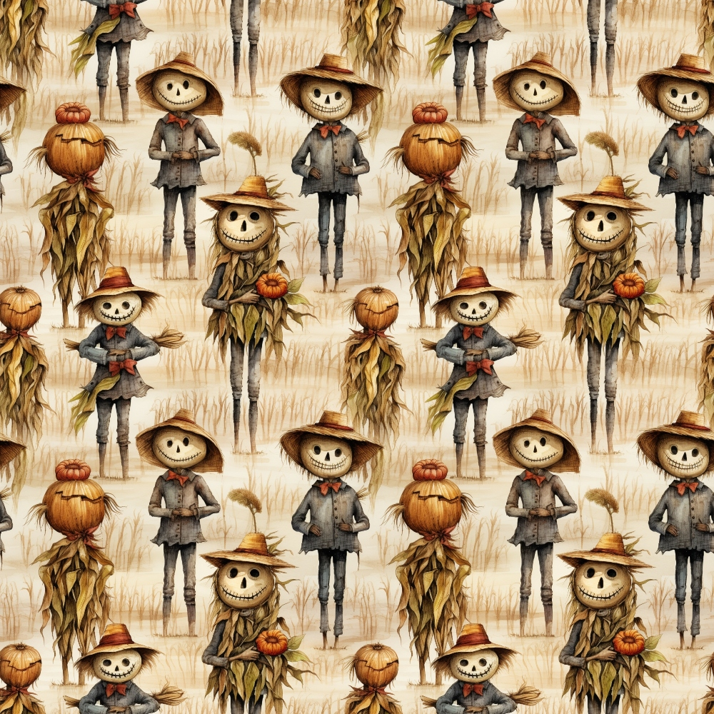 Pattern of cartoon scarecrows with pumpkins and cornstalks on a light background.