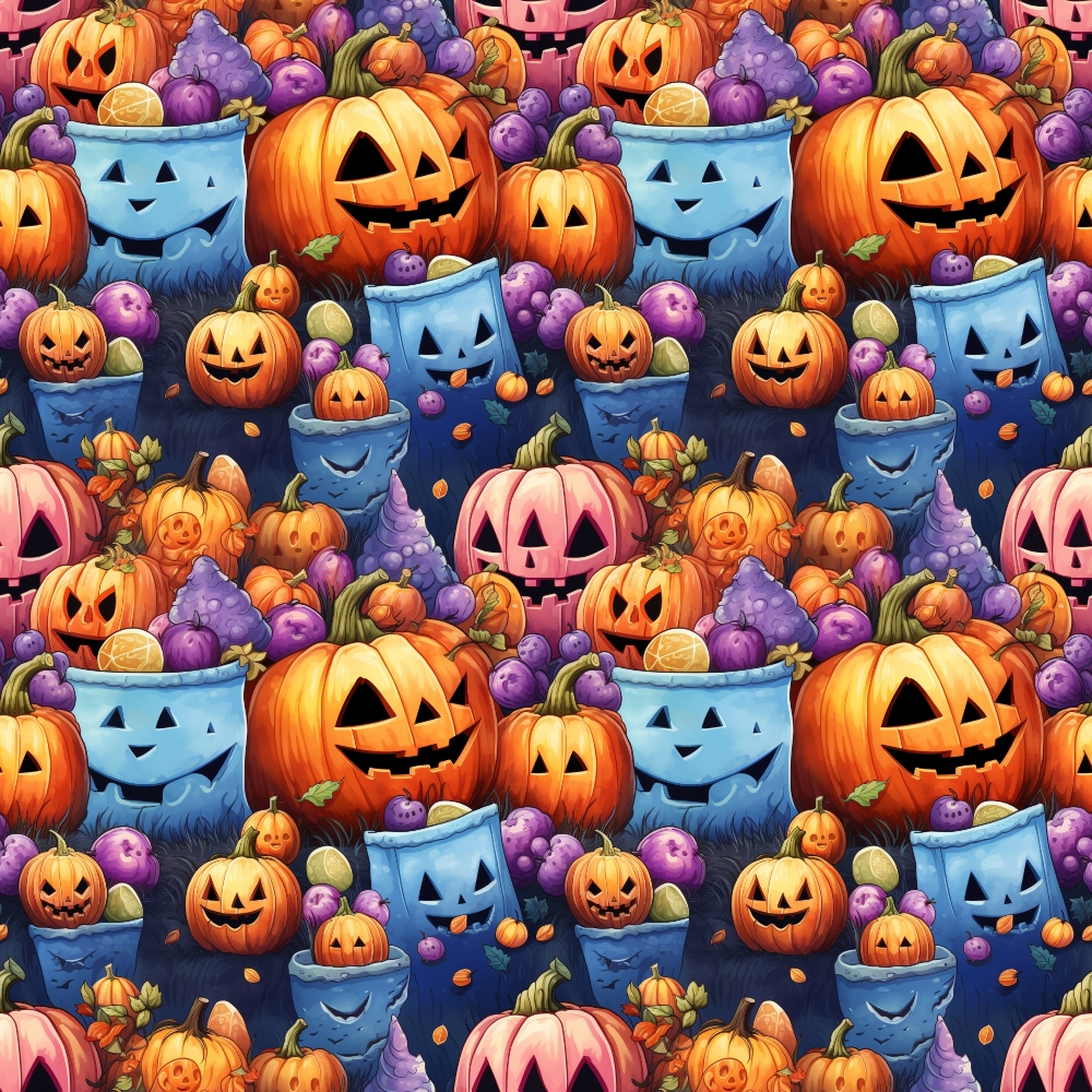 A vibrant pattern of carved pumpkins, blue ghost pails, and purple candies, creating a festive Halloween-themed background.