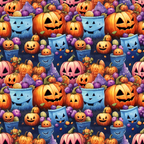 A vibrant pattern of carved pumpkins, blue ghost pails, and purple candies, creating a festive Halloween-themed background.
