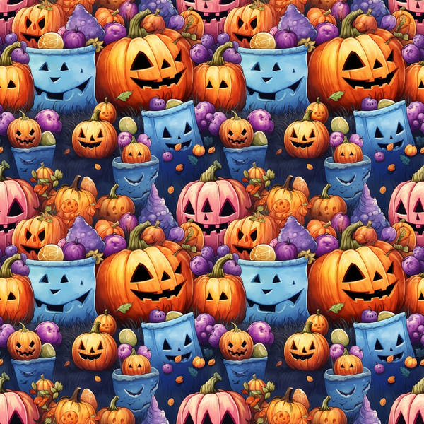 A vibrant pattern of carved pumpkins, blue ghost pails, and purple candies, creating a festive Halloween-themed background.