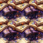 Pattern of open books with purple flowers, candles, and floating sparkles on a mystic-themed background.