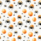 Patterned image with large black spiders, small black spiders, orange circles, and spiderwebs on a white background.