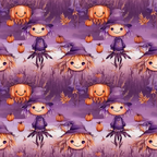 Pattern featuring cartoon witches and smiling pumpkins wearing hats on a purple background.