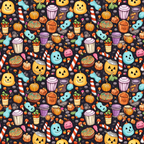 Colorful Halloween-themed pattern featuring cartoon candy, pumpkins, ghosts, and desserts on a dark background.