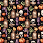 Pattern of skulls, pumpkins, hourglasses, lanterns, and potion bottles on a dark background.