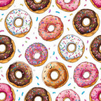 Sprinkle Donuts Pattern 1 Fabric, colorful donuts, pink, brown, white frosting, multicolor sprinkles, dessert motifs, food-themed fabric, cotton textile, quilting material, vibrant print, seamless design, baked goods pattern, soft fabric surface.