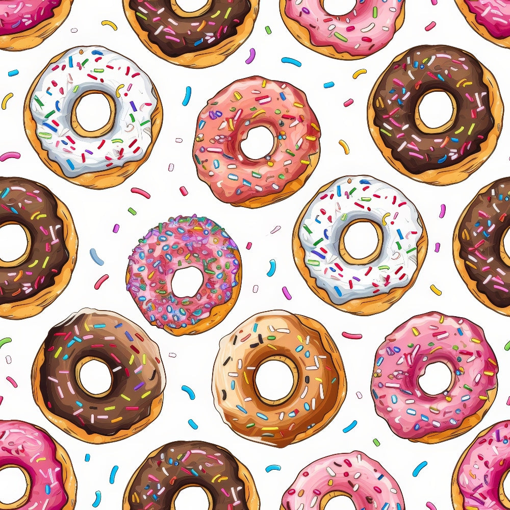 Sprinkle Donuts Pattern 1 Fabric, colorful donuts, pink, brown, white frosting, multicolor sprinkles, dessert motifs, food-themed fabric, cotton textile, quilting material, vibrant print, seamless design, baked goods pattern, soft fabric surface.