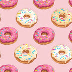 Sprinkle Donuts Pattern 10 Fabric - pink background, colorful donuts with pink, white, and cream icing, multicolored sprinkles, sweet treats design, baking theme, soft cotton textile, quilting material, playful pattern, food-inspired print, premium fabric, vibrant donut motif, seamless dessert fabric print.