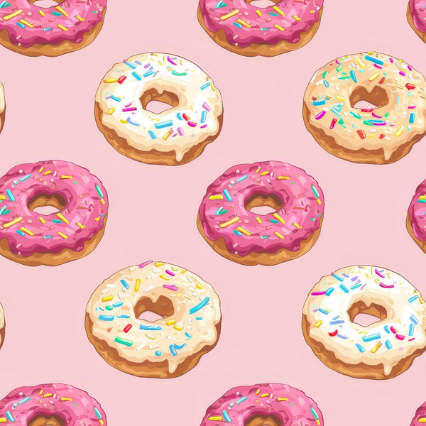Sprinkle Donuts Pattern 10 Fabric - pink background, colorful donuts with pink, white, and cream icing, multicolored sprinkles, sweet treats design, baking theme, soft cotton textile, quilting material, playful pattern, food-inspired print, premium fabric, vibrant donut motif, seamless dessert fabric print.