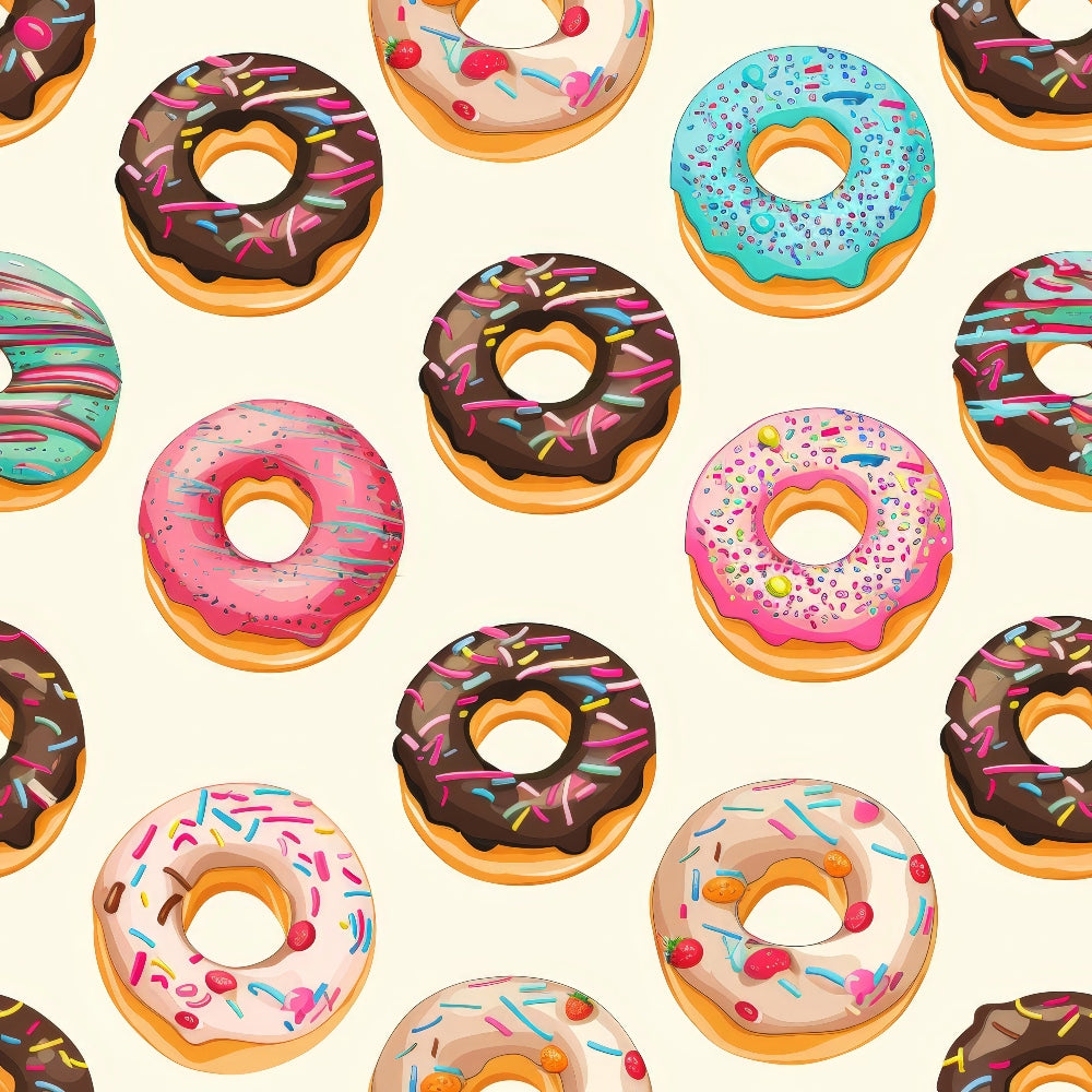 Sprinkle Donuts Pattern 11 Fabric featuring colorful donut illustrations, vibrant pastel shades, playful design, seamless food motif, textile yardage, cotton textile, quilting material, multicolor sprinkles, sweet dessert theme, soft fabric surface, cheerful pattern, premium cotton cloth.