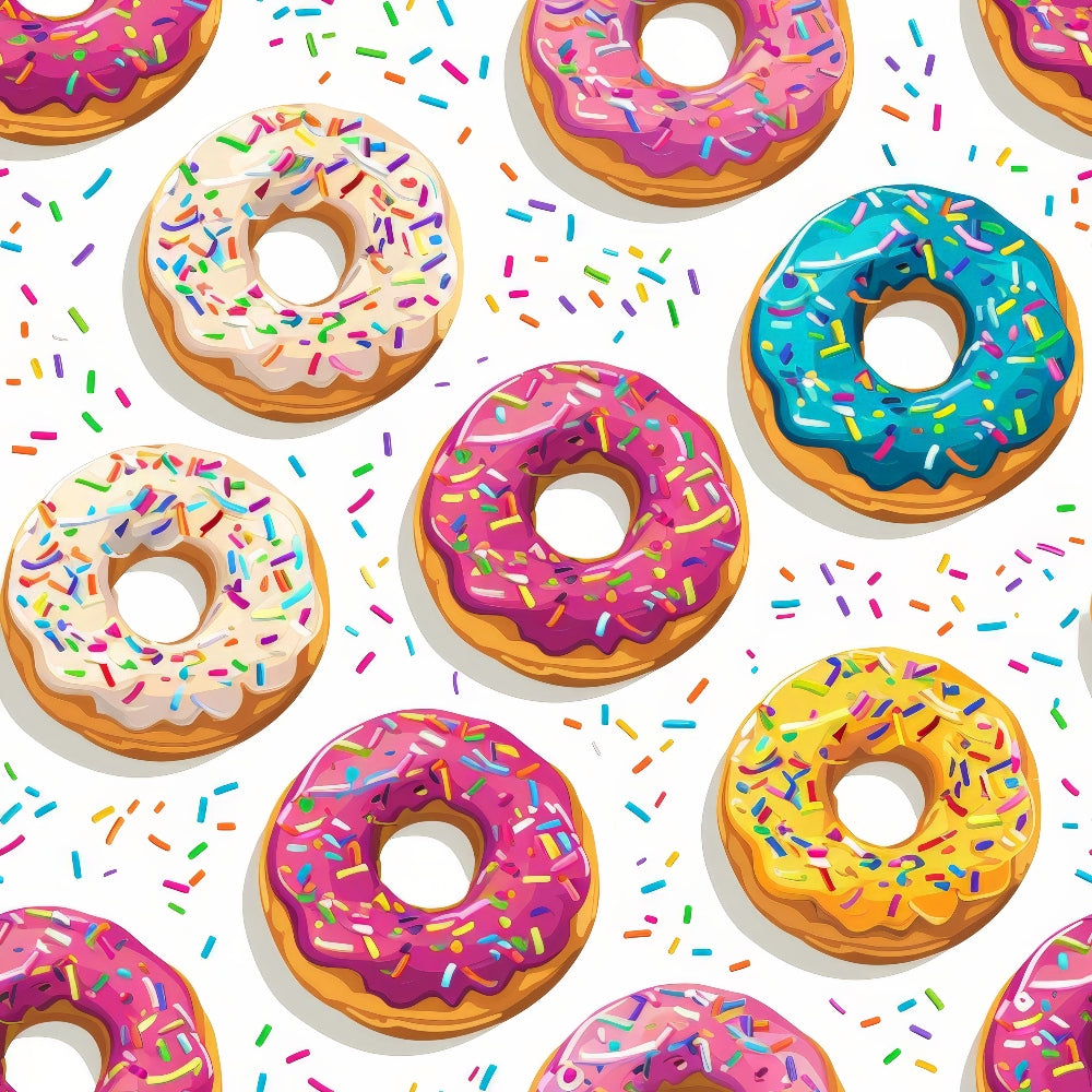 Sprinkle Donuts Pattern 12 Fabric featuring colorful donuts with pink, blue, yellow, and white icing, multicolored sprinkles, vibrant design, soft texture, premium material, playful dessert motif, bright and cheerful colors, continuous yardage fabric, ideal for quilting and sewing projects.