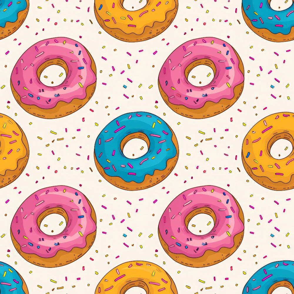 Sprinkle Donuts Pattern 2 Fabric,, fabric, donut design, pink frosting, yellow frosting, blue frosting, sprinkle decoration, beige background, colorful, playful, food motif, textile, sewing material, crafting fabric, premium cotton, vibrant colors, soft texture