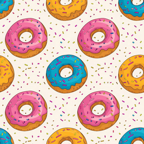Sprinkle Donuts Pattern 2 Fabric,, fabric, donut design, pink frosting, yellow frosting, blue frosting, sprinkle decoration, beige background, colorful, playful, food motif, textile, sewing material, crafting fabric, premium cotton, vibrant colors, soft texture