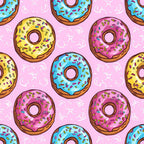 Sprinkle Donuts Pattern 3 Fabric featuring colorful donuts with blue, pink, and yellow frosting and multicolored sprinkles on a light pink background, material, playful dessert theme, cotton fabric textile, vibrant and fun design.