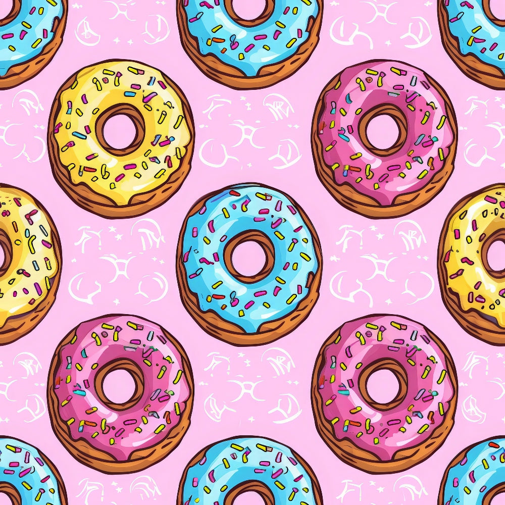Sprinkle Donuts Pattern 3 Fabric featuring colorful donuts with blue, pink, and yellow frosting and multicolored sprinkles on a light pink background, material, playful dessert theme, cotton fabric textile, vibrant and fun design.