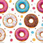 Sprinkle Donuts Pattern 4 Fabric featuring colorful donuts with pink, blue, white, and chocolate icing topped with multicolored sprinkles, scattered small donut shapes on white background, quilting material, cotton textile, bright, playful, fun design, food-themed print, sewing fabric, craft material.