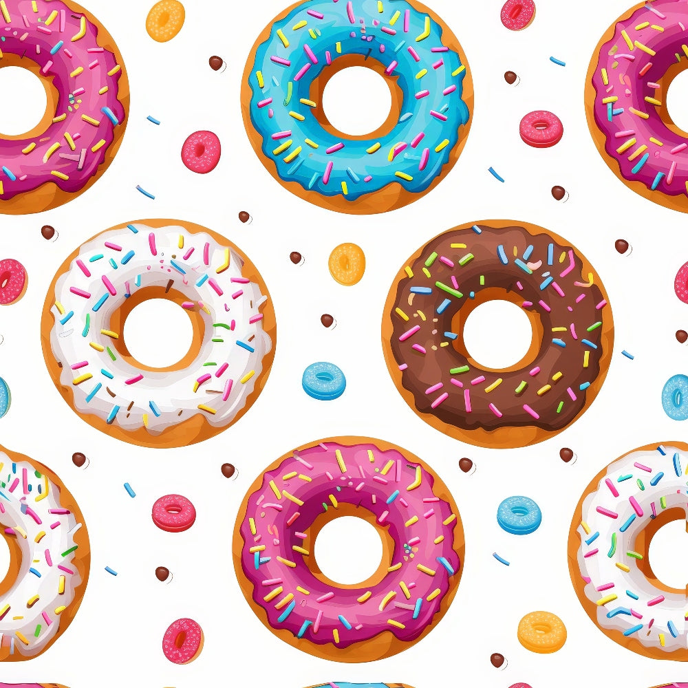 Sprinkle Donuts Pattern 4 Fabric featuring colorful donuts with pink, blue, white, and chocolate icing topped with multicolored sprinkles, scattered small donut shapes on white background, quilting material, cotton textile, bright, playful, fun design, food-themed print, sewing fabric, craft material.