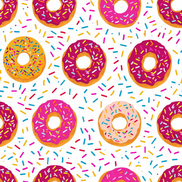 Sprinkle Donuts Pattern 5 Fabric, colorful donuts, pink, purple, white background, sprinkles, multicolor, baked goods, sweet treats,, fabric yardage, playful design, dessert motif, bright, cheerful colors, craft fabric, sewing material, textile pattern