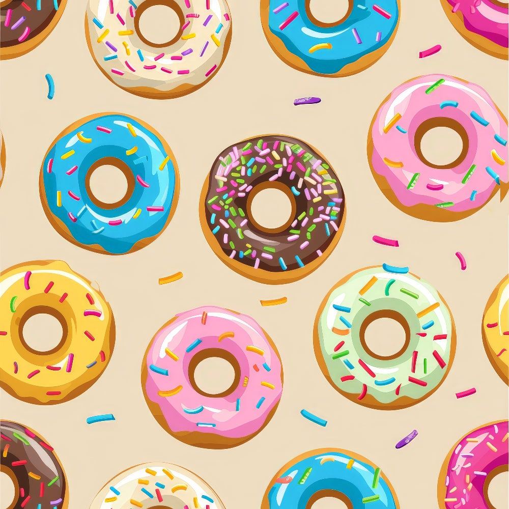 '- Sprinkle Donuts Pattern 6 Fabric - Quilting fabric with colorful donuts and multicolor sprinkles - Cotton textile featuring pink, blue, white, yellow, and brown frosted donuts - Sweet dessert theme with playful, repeated donut illustrations - Soft, vibrant cotton fabric ideal for quilting and sewing projects