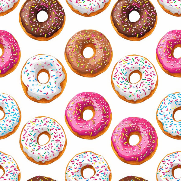 Sprinkle Donuts Pattern 7 Fabric, colorful, multicolor, pink, white, brown, chocolate, vanilla, glazed, sprinkles, sweet, dessert, baked goods, confectionery, seamless, fun, playful, bright, textile, quilting, cotton, fabric
