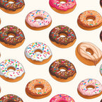 Sprinkle Donuts Pattern 8 Fabric featuring colorful donut illustrations with pink, white, chocolate, and caramel icing, multicolored sprinkles, repeating seamless design, 100% cotton, soft texture, playful baking theme, light cream background, ideal for quilting, crafts, and sewing projects.