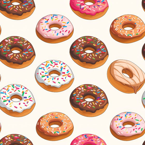 Sprinkle Donuts Pattern 8 Fabric featuring colorful donut illustrations with pink, white, chocolate, and caramel icing, multicolored sprinkles, repeating seamless design, 100% cotton, soft texture, playful baking theme, light cream background, ideal for quilting, crafts, and sewing projects.