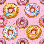 Sprinkle Donuts Pattern 9 Fabric featuring colorful frosted donuts with rainbow sprinkles on a pink background, quilting textile, cotton material, playful dessert print, vibrant colors, sewing fabric, crafting cloth, fun kitchen theme fabric.