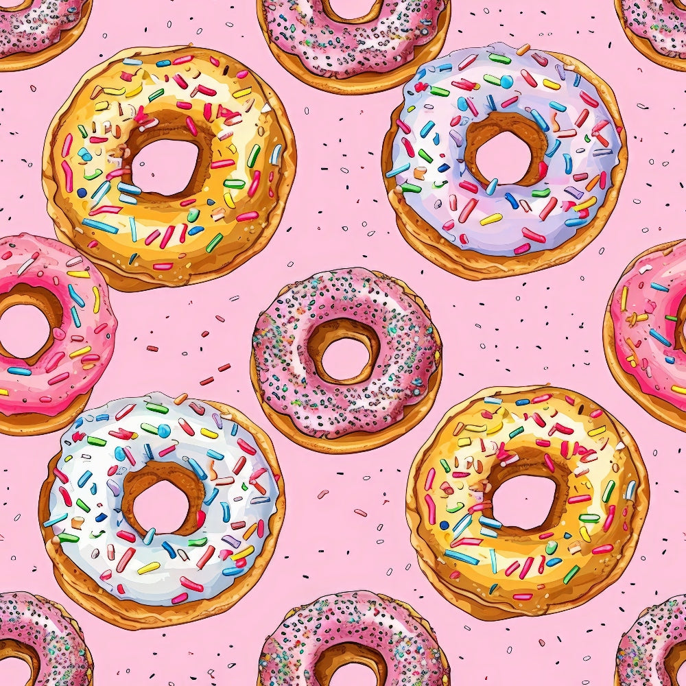 Sprinkle Donuts Pattern 9 Fabric featuring colorful frosted donuts with rainbow sprinkles on a pink background, quilting textile, cotton material, playful dessert print, vibrant colors, sewing fabric, crafting cloth, fun kitchen theme fabric.