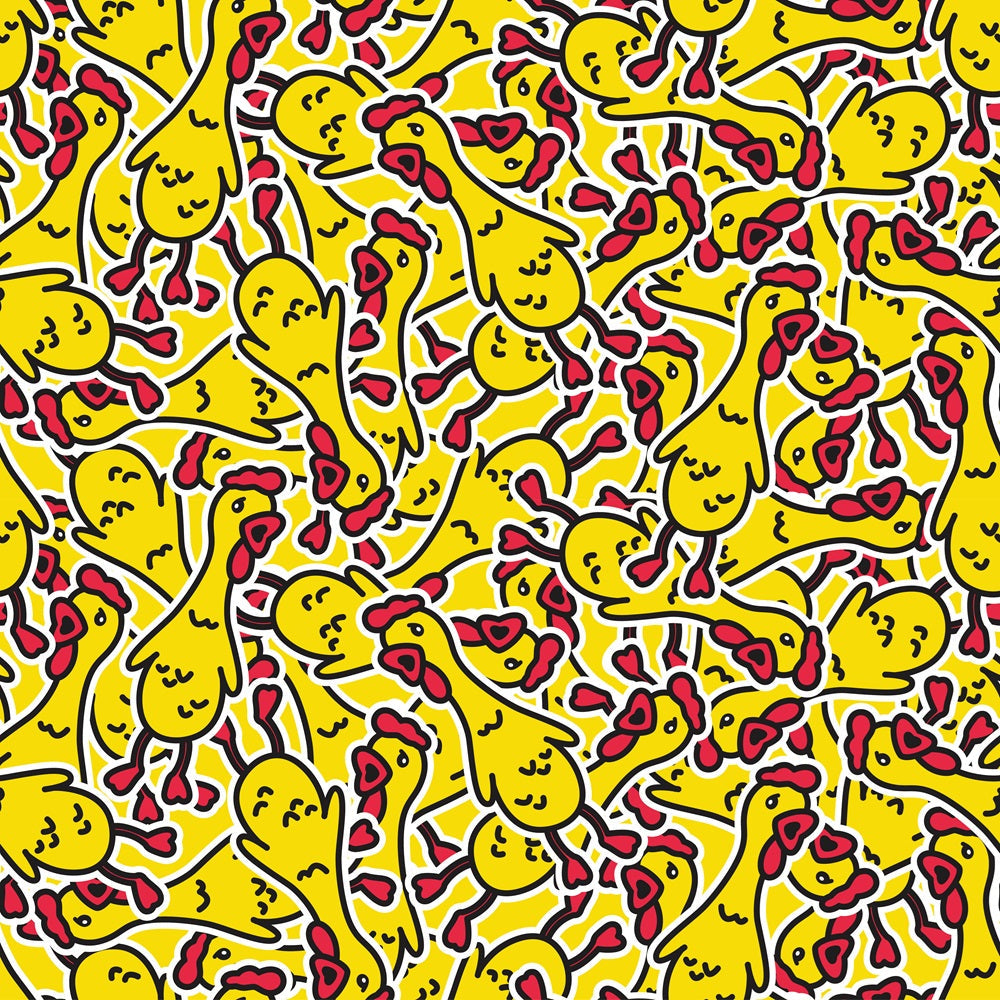 Illustration of a pattern with yellow rubber chickens on a yellow background, each with red details and outlined in black and white.