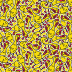 Illustration of a pattern with yellow rubber chickens on a yellow background, each with red details and outlined in black and white.