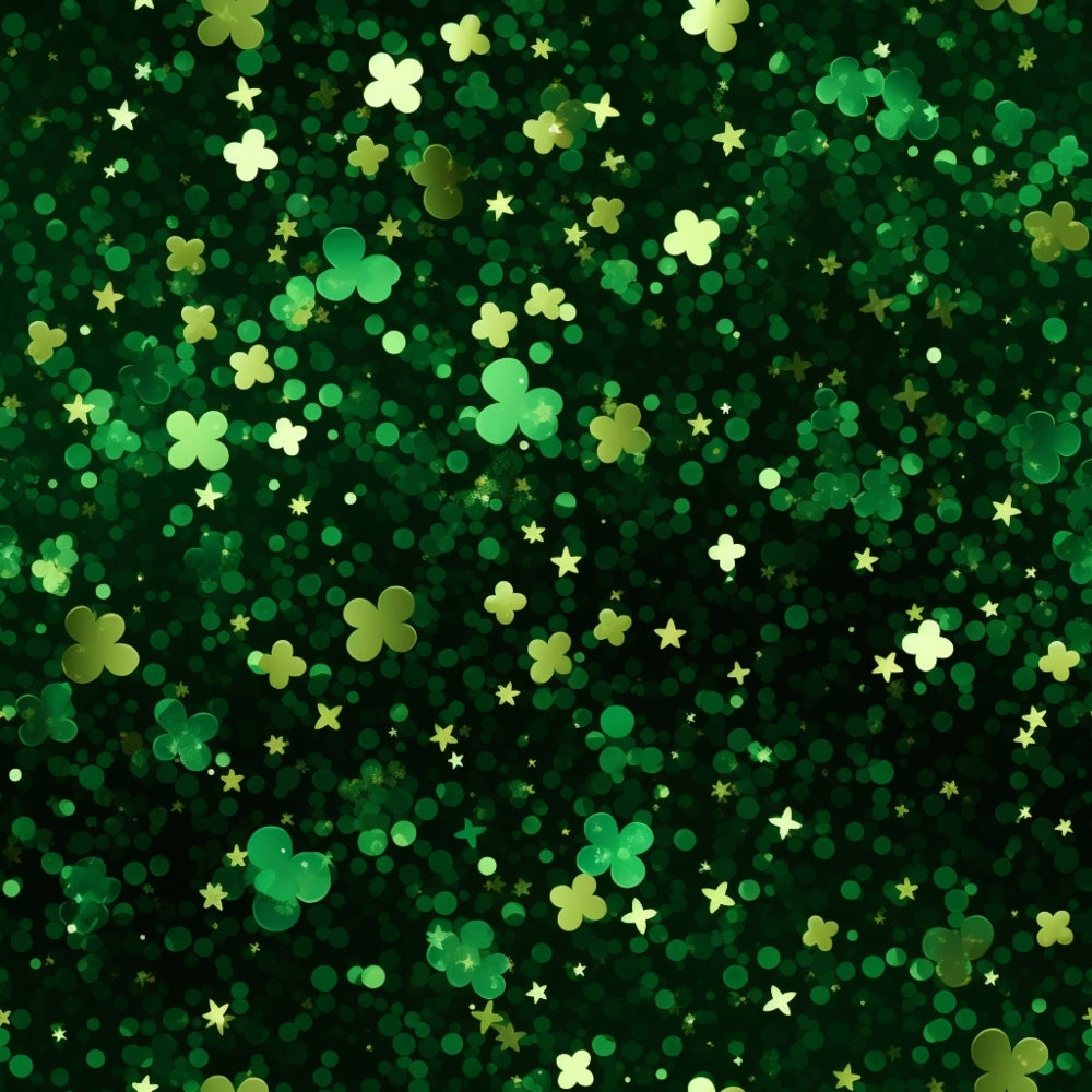 Green background with a pattern of various-sized clovers and stars scattered throughout.