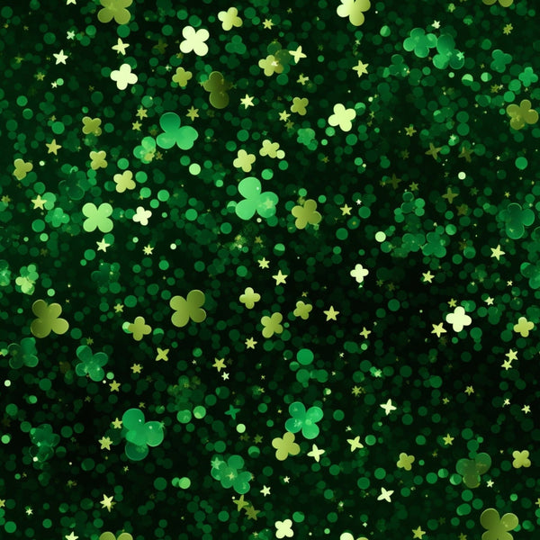 Green background with a pattern of various-sized clovers and stars scattered throughout.