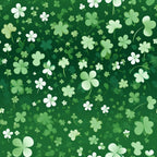Illustration of various sizes of four-leaf clovers on a dark green background.