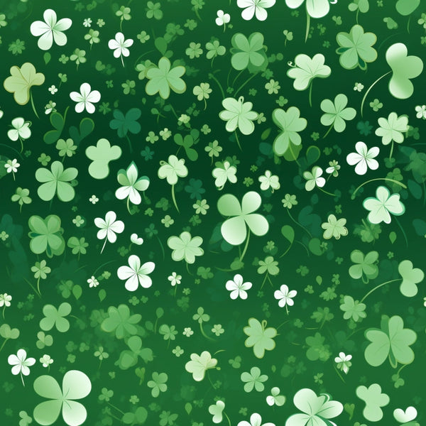 Illustration of various sizes of four-leaf clovers on a dark green background.
