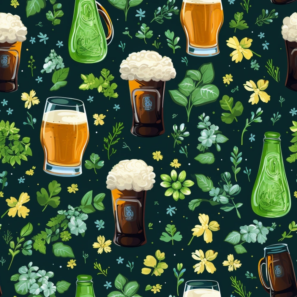 Illustrated pattern of beer glasses, bottles, and green herbs on a dark background.
