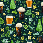 Illustrated pattern of beer glasses, bottles, and green herbs on a dark background.