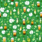 Pattern of beer glasses, bottles, and shamrocks on a green background.