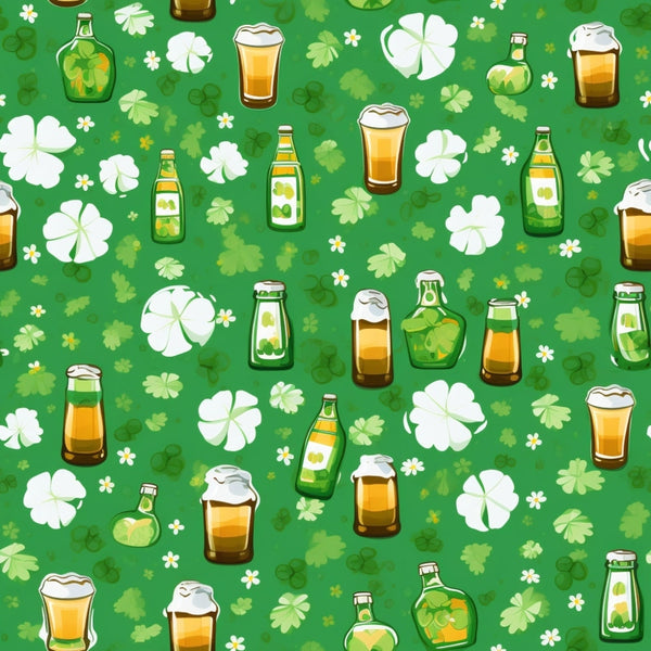 Pattern of beer glasses, bottles, and shamrocks on a green background.
