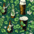Pattern of beer glasses, bottles, and clover leaves on a green background.