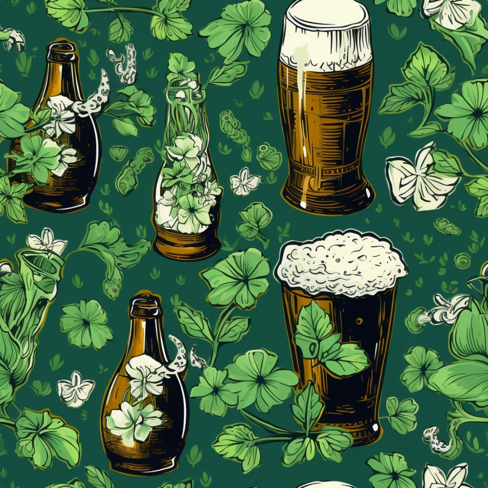 Pattern of beer glasses, bottles, and clover leaves on a green background.