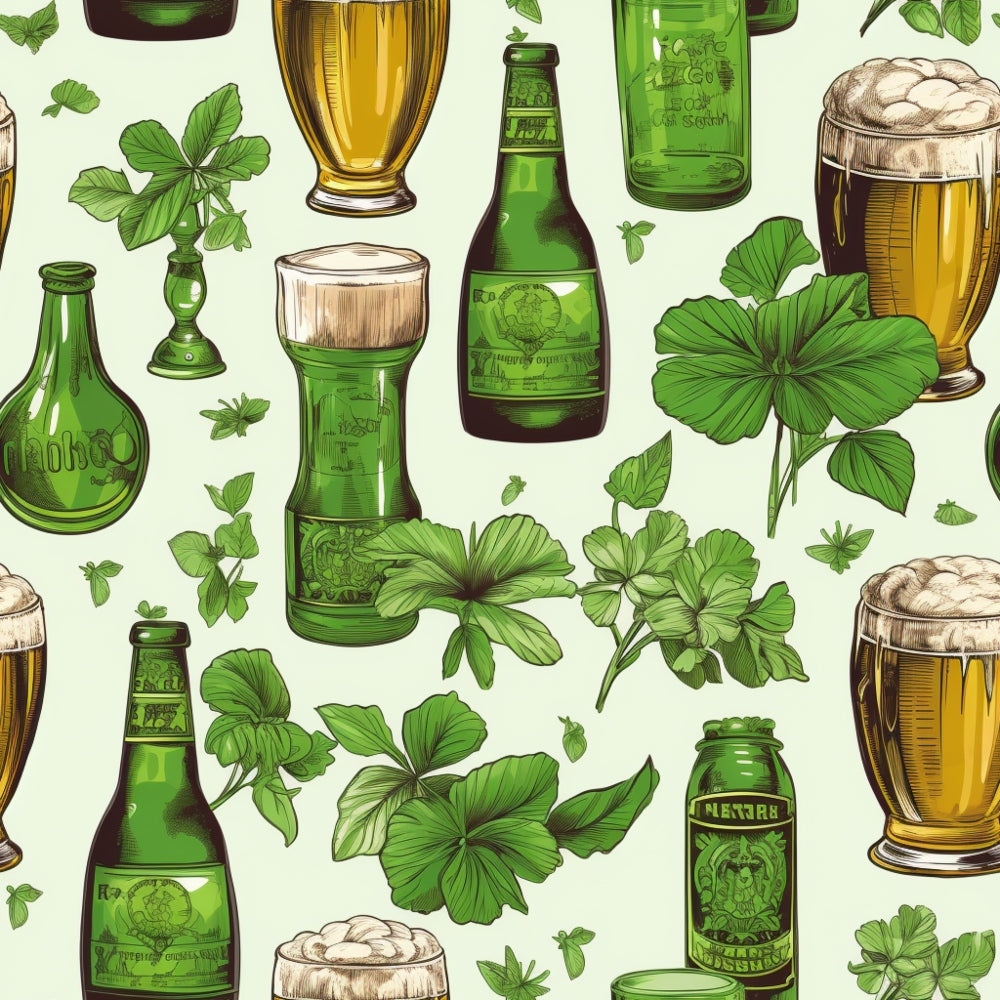 Illustration of green beer bottles and glasses surrounded by clovers on a light background.
