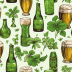 Illustration of green beer bottles and glasses surrounded by clovers on a light background.