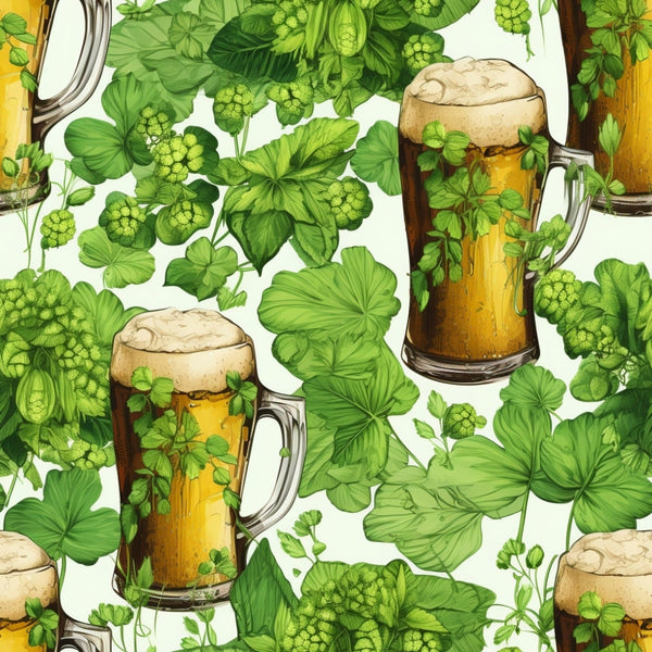 Pattern of beer mugs with frothy tops surrounded by green hops and leaves on a light background.