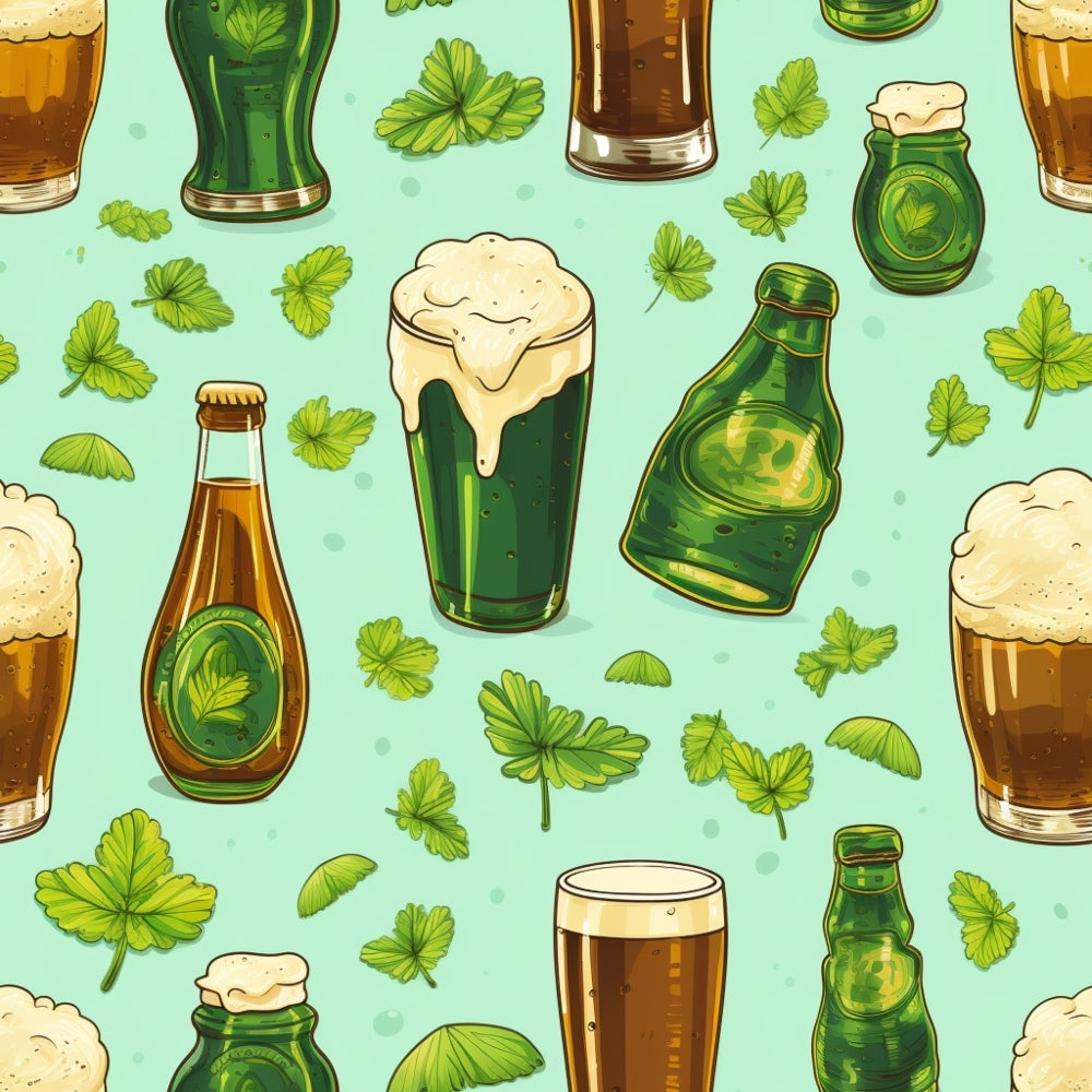 Illustration of various beer glasses and bottles with hops and leaves on a green background.