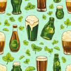 Illustration of various beer glasses and bottles with hops and leaves on a green background.