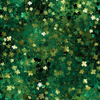 A dense pattern of green shamrocks and clovers in various shades fills the image, creating a festive, textured background.