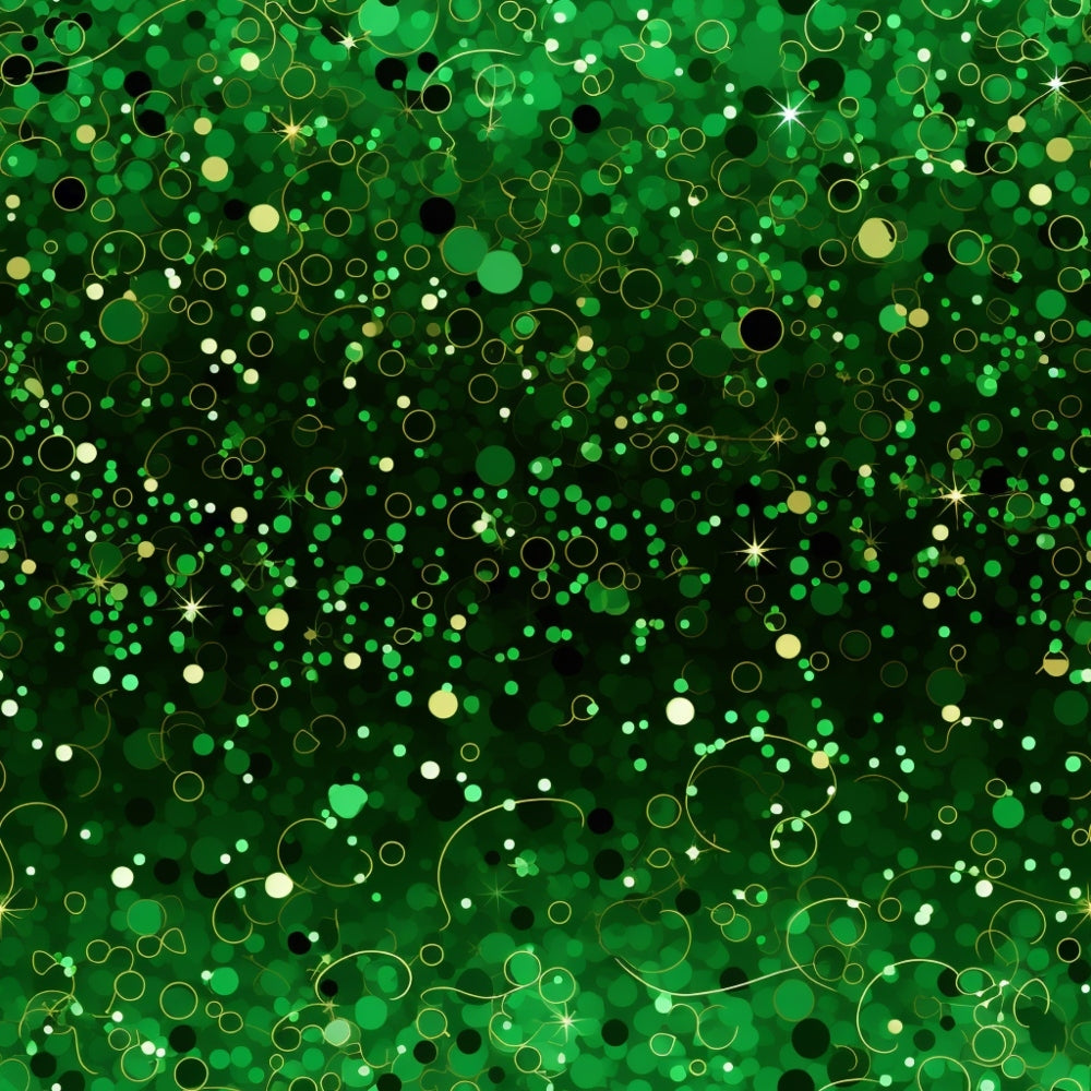 A vibrant pattern of green and gold circles with star accents on a dark background.